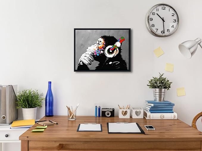 Wieco Art Black Framed Monkey With Headphones Banksy Graffiti Art Abstract Canvas Paintings Prints Animal Canvas Wall Art for Wall Decor and Home decorations Office Decor