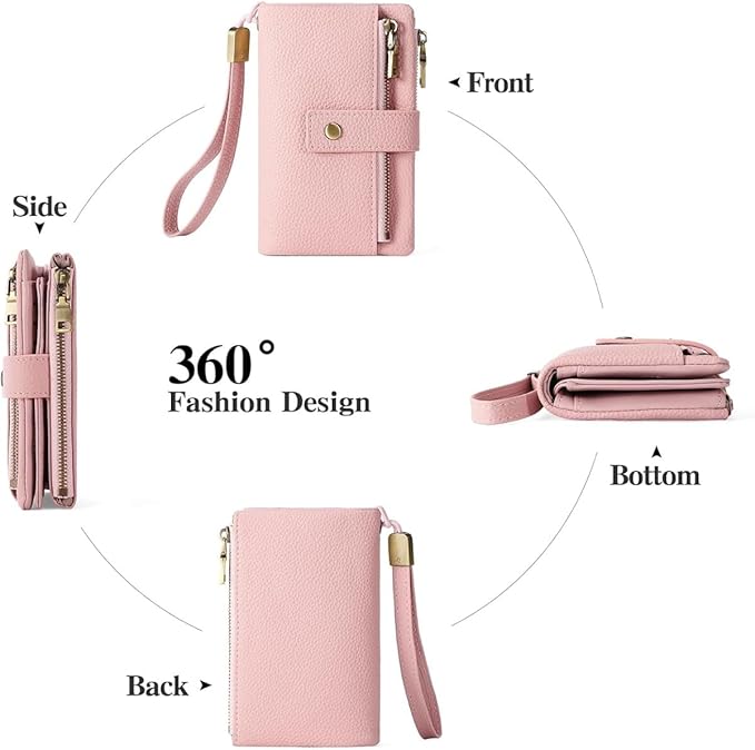 Practical Genuine Leather Wristlet Wallet for Women with Double Zipper Coin Purse and Card Organization (Pink)