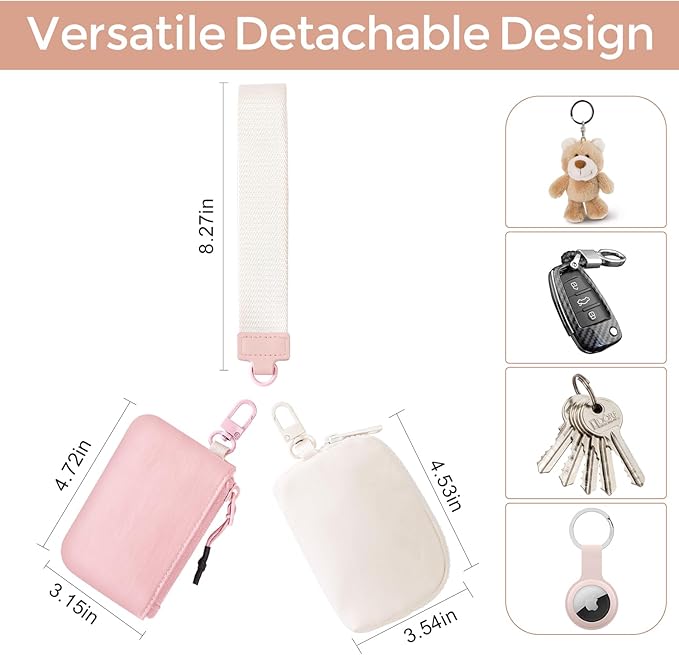 Dual Pouch Wristlet Keychain Wallets for Women with 2 Detachable Zipper Coin Purse - Small and Portable Mini Card Wallet for Women Men Pink+Ivory