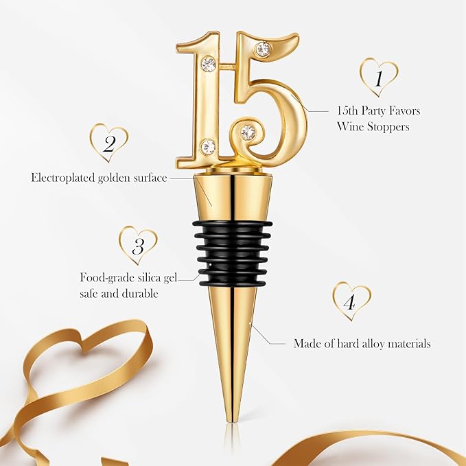 24Pack 15 Wine Bottle Stopper for 15th Birthday Party Favors, Quinceañera Party Favors 15 years old Wedding Anniversary Souvenirs or Decorations, Gift for Guests