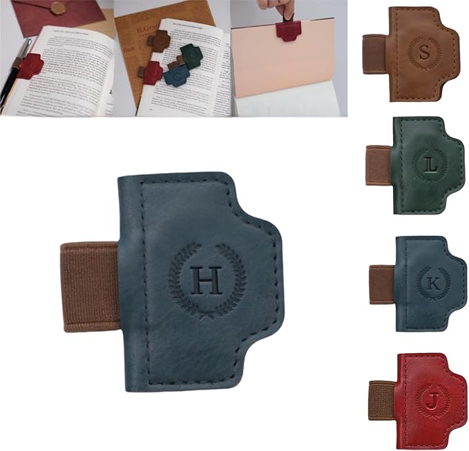 Personalized Magnetic Bygone Mark Bookmark with Pen Holder, 26 Letters Name Initial Custom Leather Book Mark for Women, Gifts for Book Lovers and Readers (Blue,H)