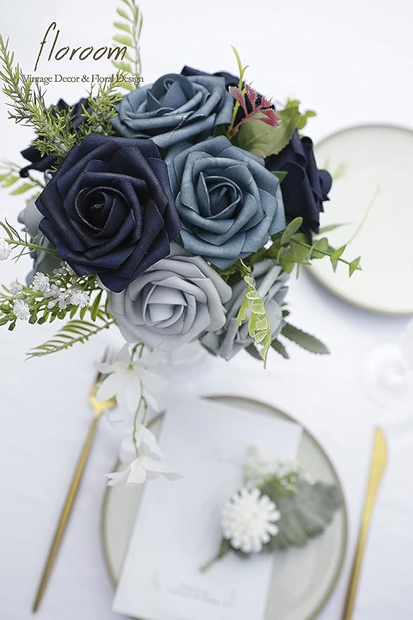 Floroom Artificial Flowers 25pcs Real Looking Dusty Blue Ombre Colors Foam Fake Roses with Stems for DIY Wedding Bouquets Bridal Shower Centerpieces Floral Arrangements Party Tables Home Decorations