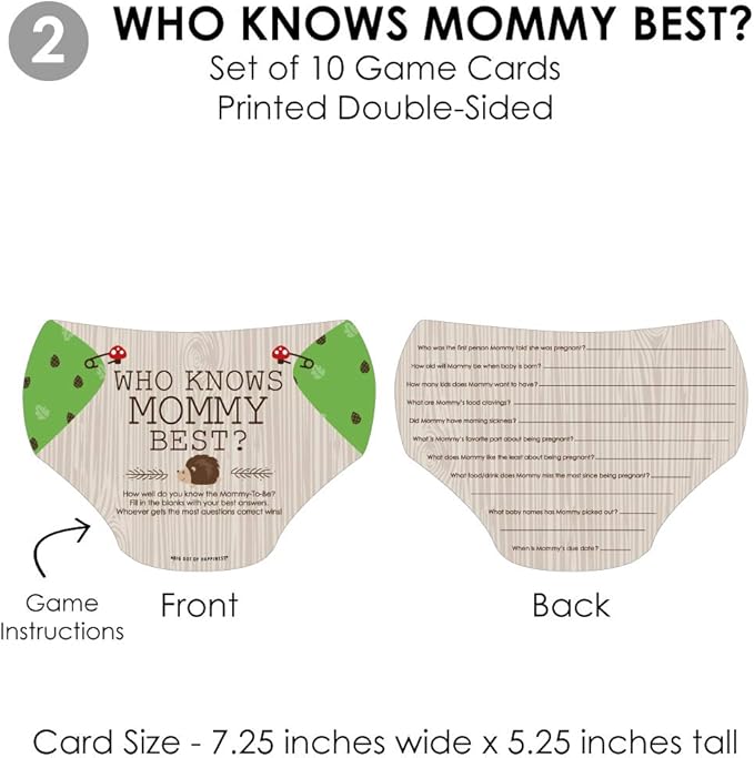 Big Dot of Happiness Woodland Creatures - 4 Baby Shower Games - 10 Cards Each - Who Knows Mommy Best, Mommy or Daddy Quiz, What’s in Your Purse and Oh Baby - Gamerific Bundle