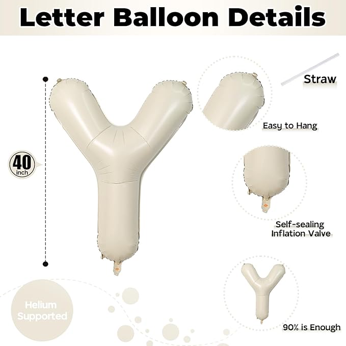 40 Inch Beige BOY Balloons, Large Cream White Sand BOY Balloon Letters with Ribbon, Ivory Alphabet Boy Balloon for Him Birthday Baby Boys Shower Boy or Girl Gender Reveal Party Decorations Supplies
