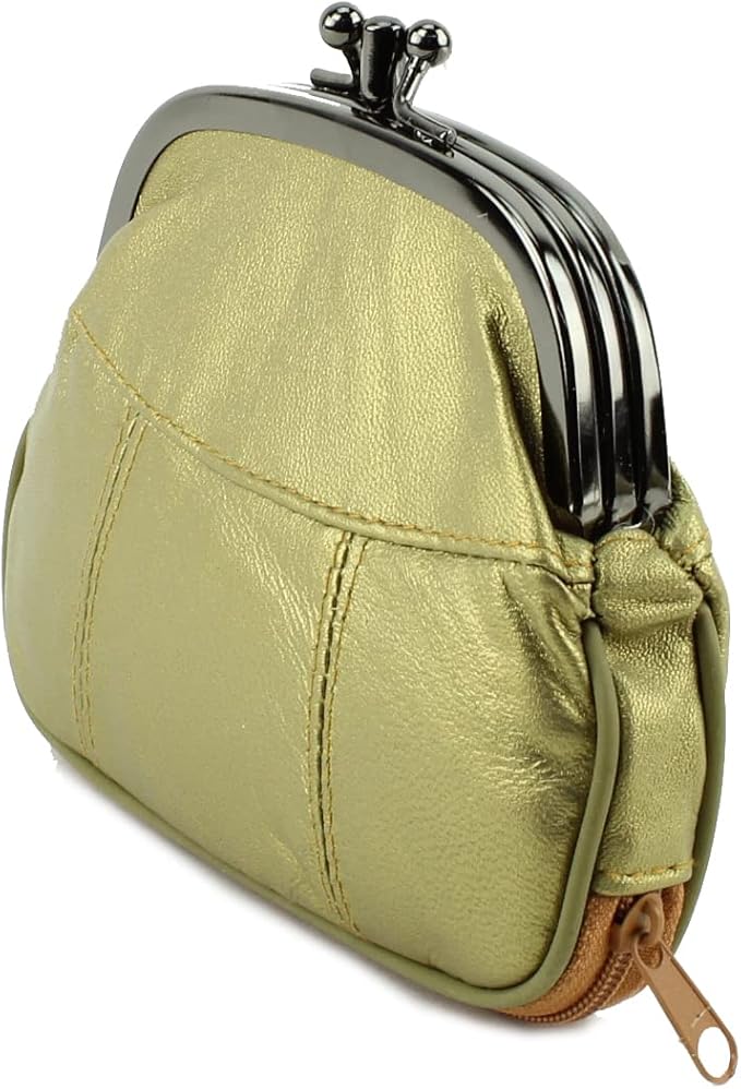 Leather Impressions Double Coin Purse for Women - Genuine Leather Coin Purse with Twist Clasp, 1 zipper pocket, 1 pack lightweight - Timeless clean stitched Small Coin Purse (Gold)