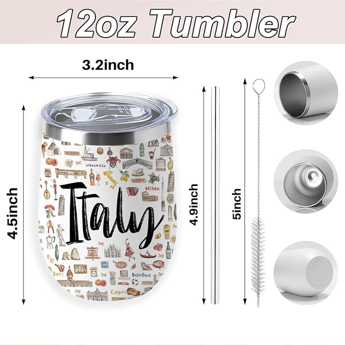Italy Gifts Italian Travel Souvenir Wine Tumbler 12 oz Insulated Wine Glass Cup with Lid Straw Vacuum Insulated Cup,Travel Lover Gifts for Women Friend Men Christmas Halloween Birthday