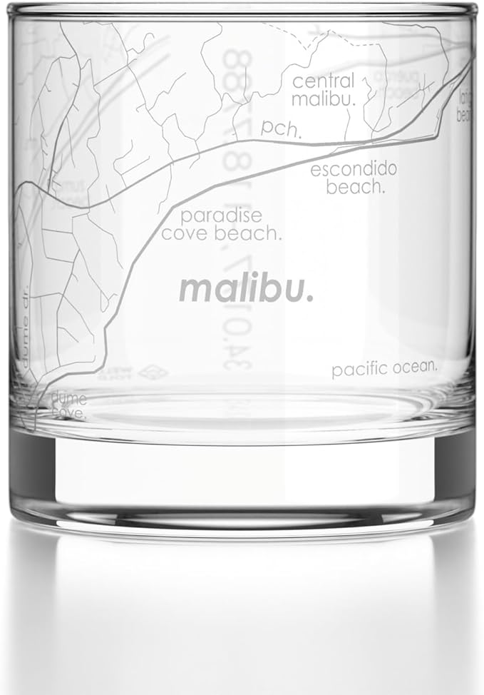 Well Told Engraved Malibu California Map Rocks Glass, Old Fashioned Glassware (11 oz, Clear) Etched Bourbon Tumbler, Gifts For Whiskey Lovers