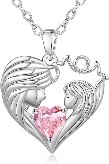 Mother and Daughter/Son Love Heart Necklace White Gold/14K Gold/Rose Gold Birthstone Jewelry Christmas Mothers Day Birthday Gifts For Mom Wife Grandma Women