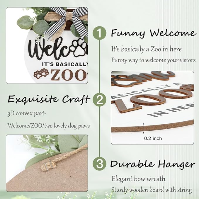 TOARTi 3D Rustic Front Door Welcome Sign Hanging with Bow-Knot Wreath, It's Basically A Zoo in Here Funny Home Porch Wall Decoration, Cute Dog Paws Pet House Decor for Pet Lover Owner Gift