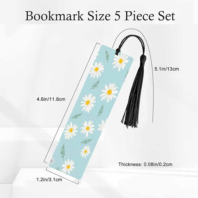 Daisy 5 Pcs Bookmarks Flower Spring Green Leaves Wooden Bookmarks with Tassel for Students Reader Teachers Book Lovers