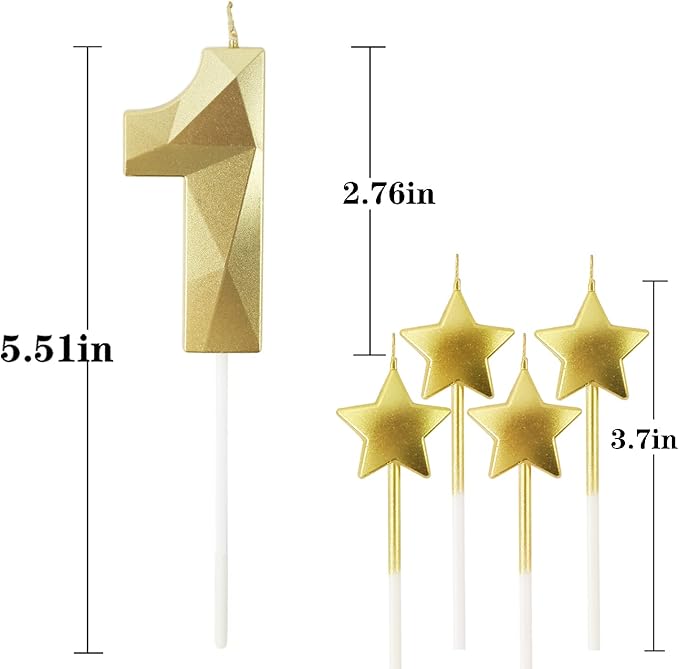 Golden Number 1 2.76 inch 3D Diamond Shaped Birthday Candles - Suitable for Birthday Parties and Anniversary Cake Decorations