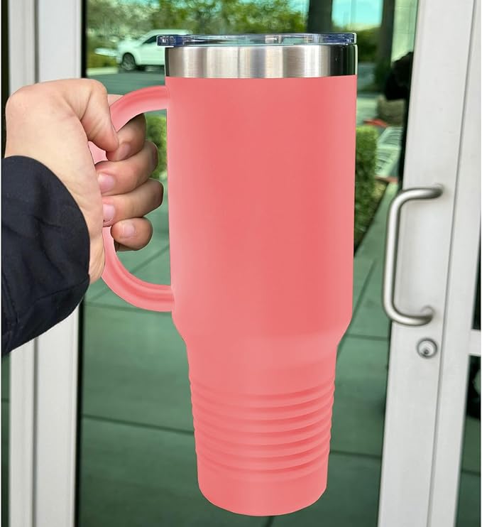 LaserGram 40oz Vacuum Insulated Travel Mug with Handle, Cup Cake, Personalized Engraving Included (Coral)