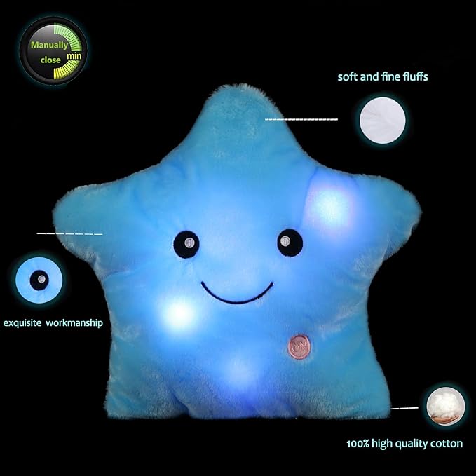 LED Twinkle Star Shaped Plush Pillow, Creative Night Light Glowing Cushions Plush Stuffed Toys Gifts for Kids, Decoration (Blue)