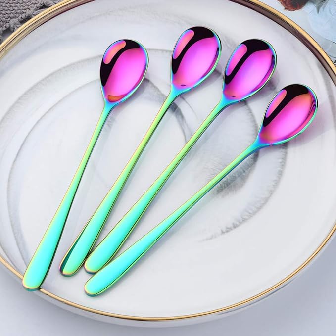 Buyer Star 8-Inch Long Handle Iced Tea Spoons, Ice Cream Spoon, Stainless Steel Cocktail Stirring Spoons, Set of 8 (Rainbow)