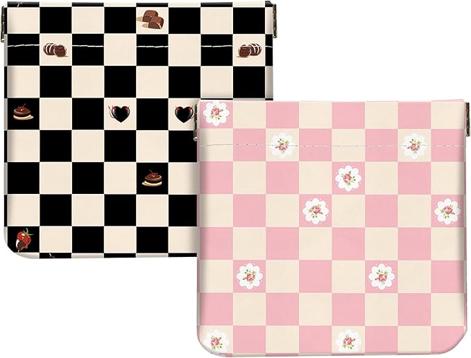 2Pcs PU Leather Small Squeeze Coin Purse Pouch Mini coin Bag Unique And Cute Wallet Cosmetic Bags Change Bag For Women Girls Men （Black and pink checkered1