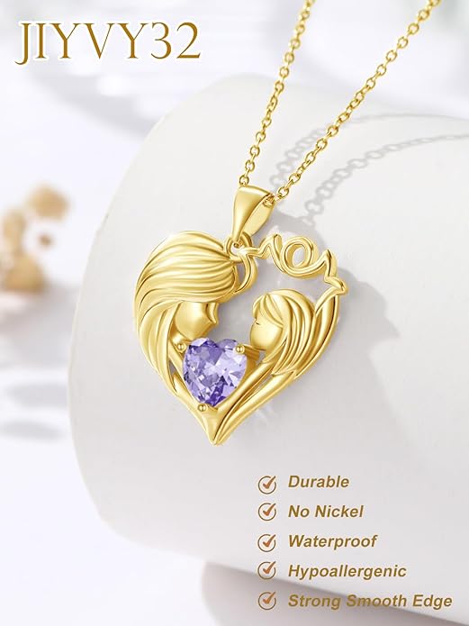 Mother and Daughter/Son Love Heart Necklace White Gold/14K Gold/Rose Gold Birthstone Jewelry Christmas Mothers Day Birthday Gifts For Mom Wife Grandma Women