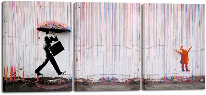 Wieco Art 3 Piece Banksy Famous Canvas Paintings Wall Art Raining day Modern Inspirational Grey Love Pictures Print Artwork for Kitchen Home Office Decor