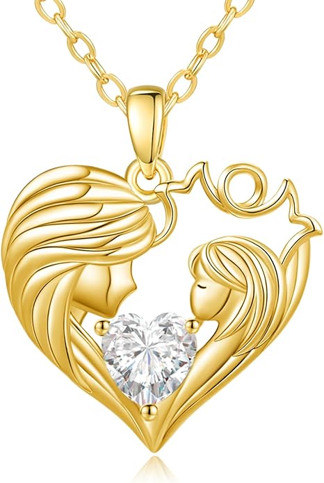 Mother and Daughter/Son Love Heart Necklace White Gold/14K Gold/Rose Gold Birthstone Jewelry Christmas Mothers Day Birthday Gifts For Mom Wife Grandma Women
