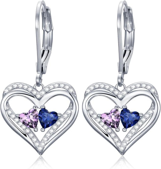 Heart Leverback Earrings Double Birthstone Dangle Earrings for Women, Love Jewelry for Her, Christmas Gifts for Women, Anniversary Birthday Gift for Mom Wife Girlfriend