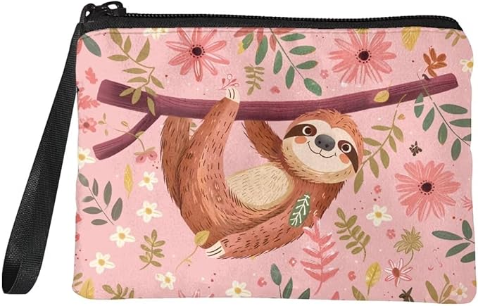 Dolyues Sloth Pink Coin Purse Wallets for Women Girls Cute Wallet Soft Clutch Bag Phone Bags Polyester Traveling Purses Card Holders Organizer