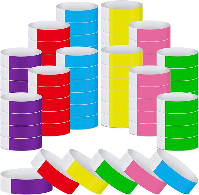 Tudomro 1200 Pack Plastic Paper Wristbands for Events Neon Party Wrist Bands Colored Waterproof Concert Identification Hand Bands Lightweight Adhesive Wristband(Yellow, Green, Blue, Red, Purple, Pink)
