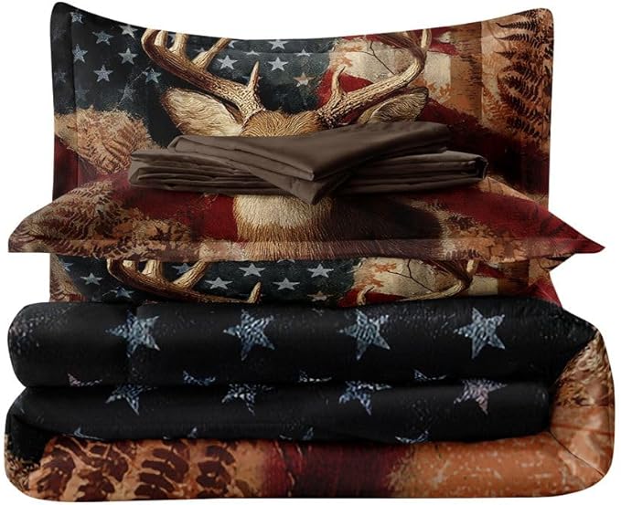 5PCS Deer Comforter Sets Full,Boys Camo Bedding Full,American Flag Comforter,Camo Bed Set for Boys,Adults,Teens