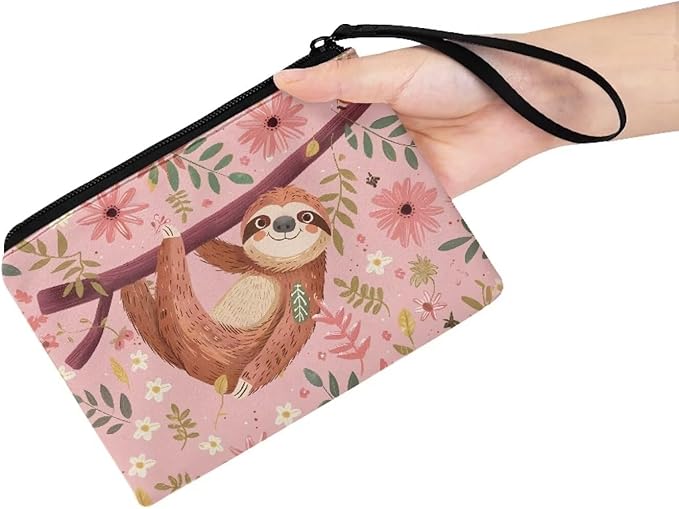 Dolyues Sloth Pink Coin Purse Wallets for Women Girls Cute Wallet Soft Clutch Bag Phone Bags Polyester Traveling Purses Card Holders Organizer