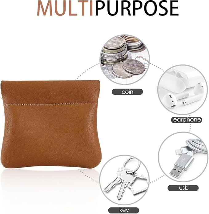 Squeeze Coin Purse Genuine Leather Wallet Compact Change Holder Travel Pouch for Women Gift Box (Brown)