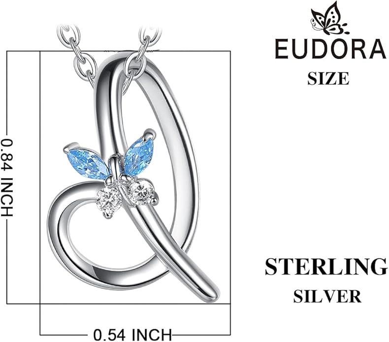 EUDORA Sterling Silver Butterfly Initial Necklaces for Women, Elegant Letter Neckles Personalized Gift for Mother, Sister, Daughter, 18 inch Chai