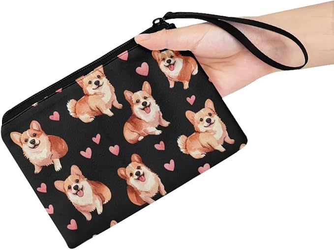Dolyues Womens Coin Purse Zipper & Wrist Strap Wallets, Corgi and Love Printed Canvas Change Pouch for Women Girls, Organizer Purses Wallet for Coins/Card
