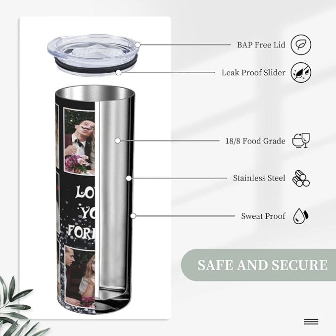 Personalized Custom tumbler Coffee Mug with Lid and Straw Hot and Cold Stainless Steel Vacuum Insulated Travel Mug with Photo Personalized tumbler Gift (20 oz, Cylinder, 8 photos)