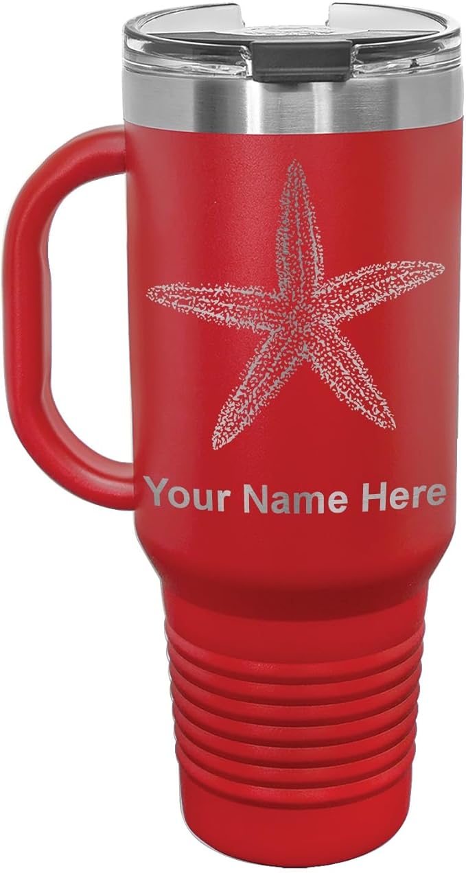 LaserGram 40oz Vacuum Insulated Travel Mug with Handle, Starfish, Personalized Engraving Included (Red)