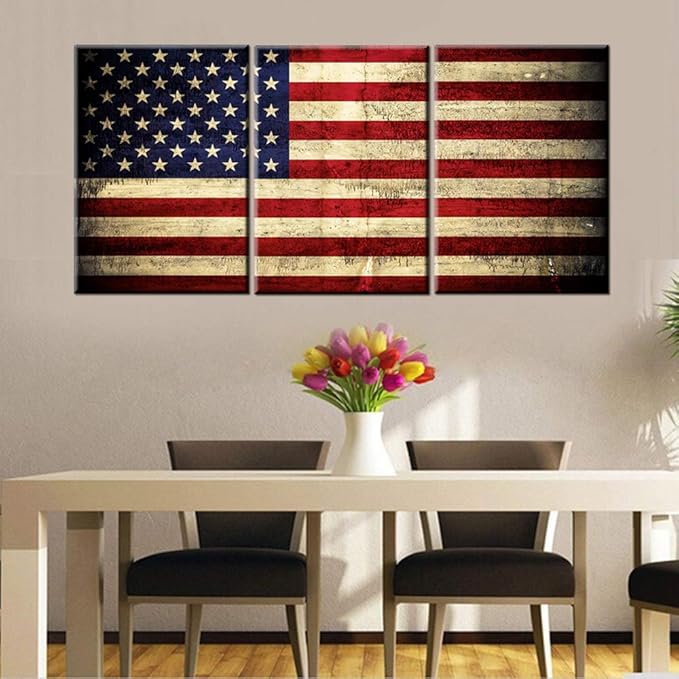 Native American Decor USA Flags Pictures Patriotic Paintings Stars Stripes Artwork 3 Pieces Red Canvas Wall Art for Home Posters and Prints Framed Stretched Ready to Hang in Living Room(48''Wx24''H)