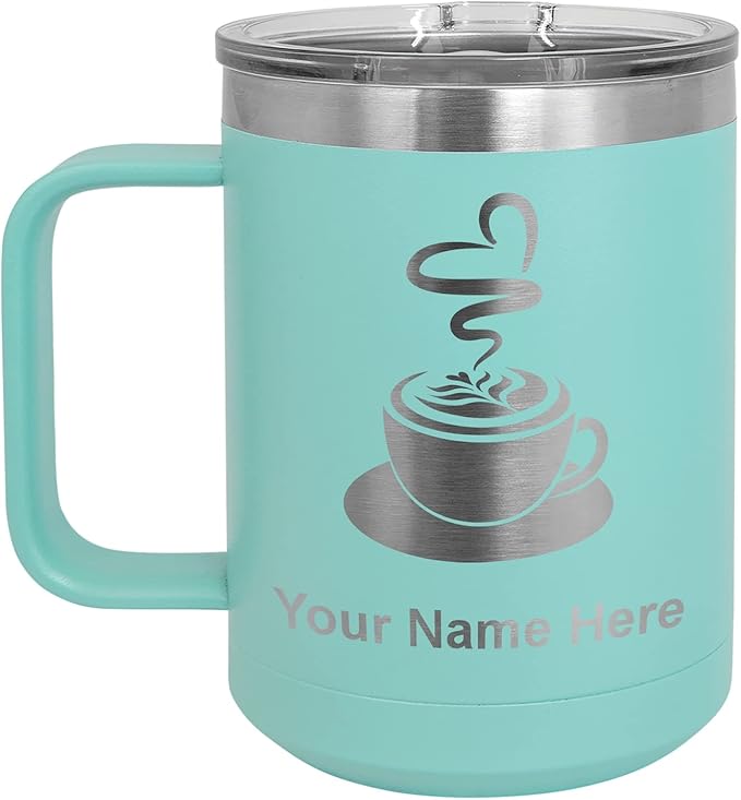 LaserGram 15oz Vacuum Insulated Coffee Mug, Cup of Coffee, Personalized Engraving Included (Teal)