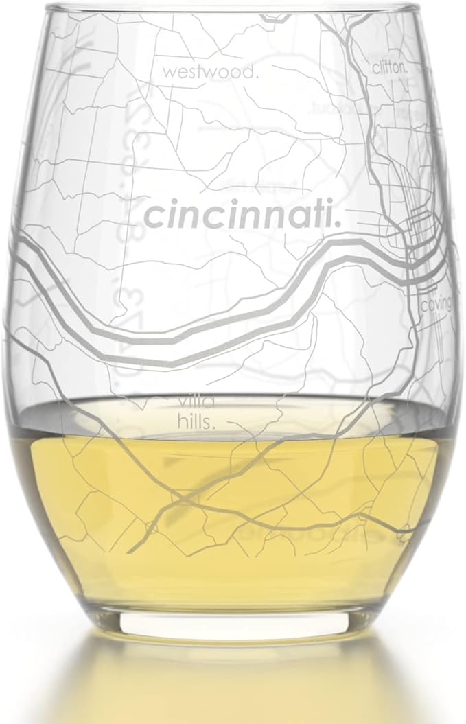 Well Told Engraved Cincinnati Ohio Map Stemless Wine Glass, Etched Glass (15 oz, Clear) City Custom Gifts for Lovers