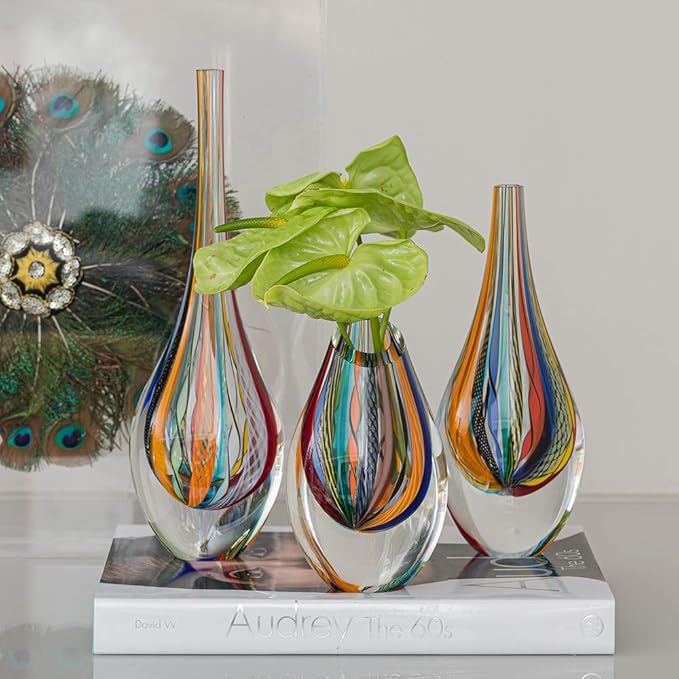 Ca D Oro Small Drop Glass Vase Boho with Colored Canes Hand Blown Murano-Style Art Glass - Model Tall