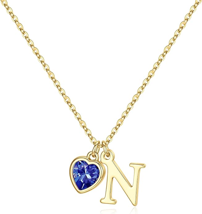 Turandoss Valentines Day Gifts for Her Trendy, Dainty 14K Gold Plated Initial A-Z Heart Birthstone Pendant Necklace Personalized Bridesmaid Birthday Valentines Jewelry Gifts for Women Girls