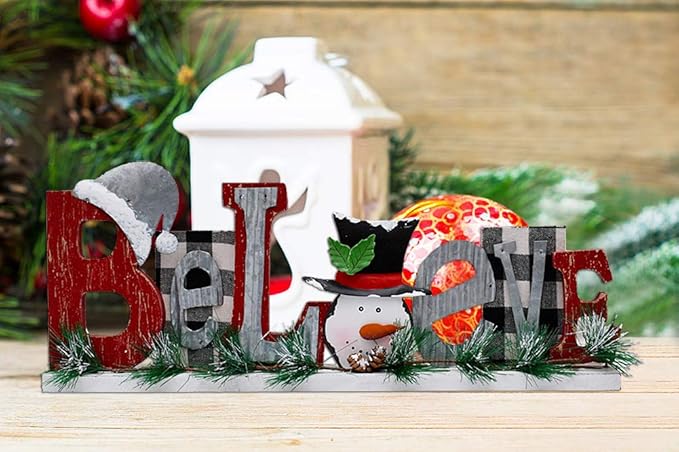 E-View Wooden Snowman Believe Sign, Classic Red Christmas Decor, Tabletop Sign for Home, Shelf, Fireplace, Mantel