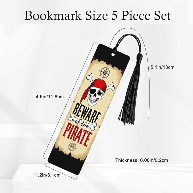 Beware Pirates Bookmarks 5 Pcs Halloween Compass Big Bone Skull Wooden Bookmark with Tassels for Reading Book Lovers Gift Office School Readers Teacher