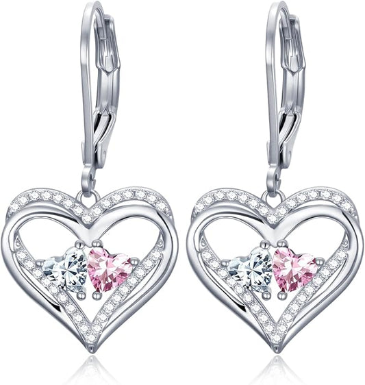 Heart Leverback Earrings Double Birthstone Dangle Earrings for Women, Love Jewelry for Her, Christmas Gifts for Women, Anniversary Birthday Gift for Mom Wife Girlfriend