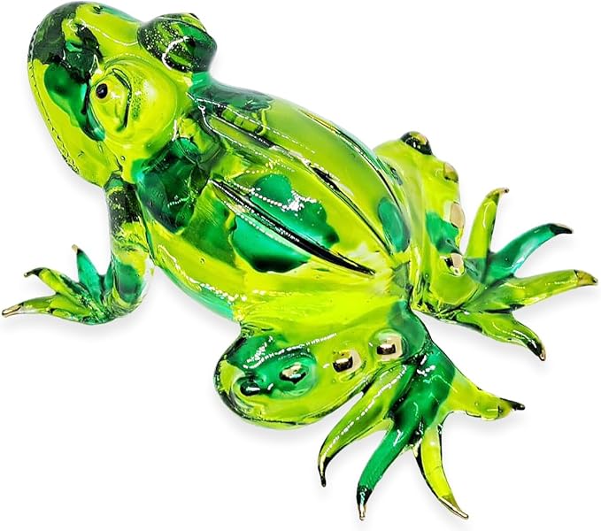 WitnyStore Tiny 3⅝" Green Patched Frog Figurine - Miniature Hand Blown Painted Glass Poison Dart Frogs Toad Amphibian Animals Colorful Small Crystal Replica Decorative Collectible Figures Décor Gifts