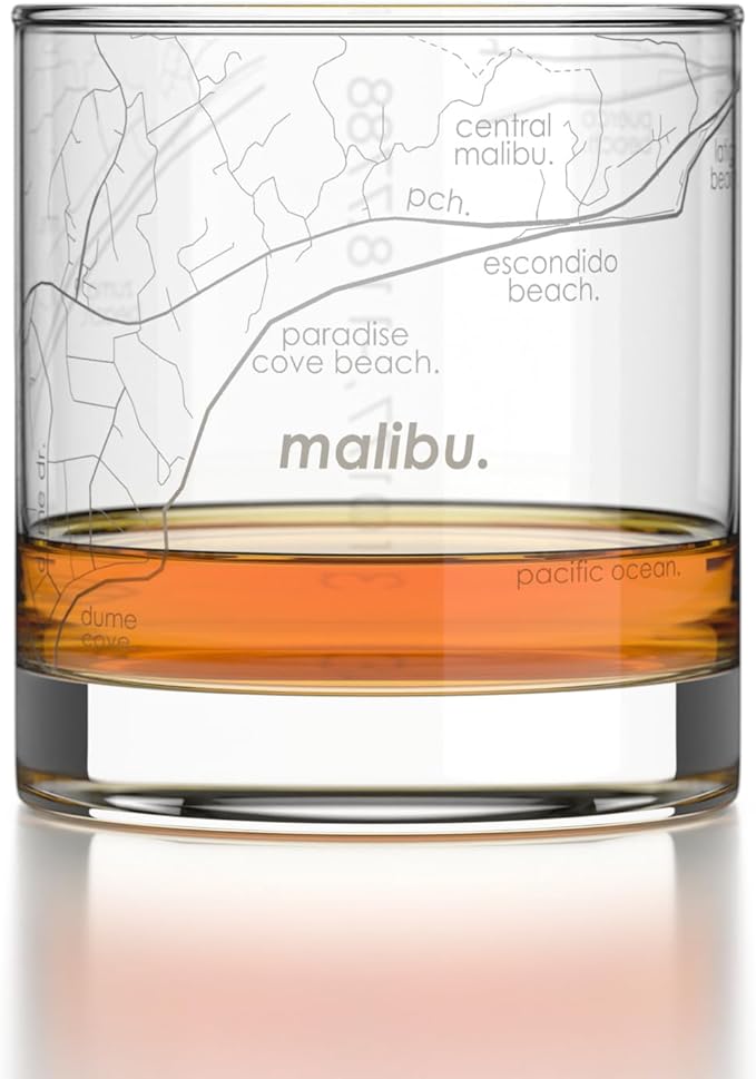 Well Told Engraved Malibu California Map Rocks Glass, Old Fashioned Glassware (11 oz, Clear) Etched Bourbon Tumbler, Gifts For Whiskey Lovers