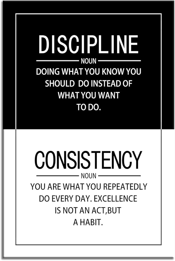 Discipline Consistency Noun Quote Motivational Wall Art for Office Inspiration Positive Poster Inspirational Canvas Painting Prints Wall for Living Room Home Decor Framed Artwork [12''W x 18''H]