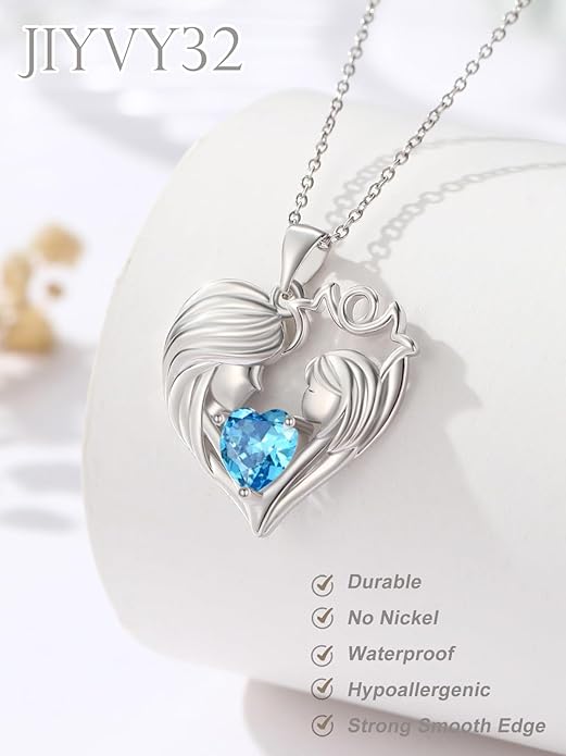 Mother and Daughter/Son Love Heart Necklace White Gold/14K Gold/Rose Gold Birthstone Jewelry Christmas Mothers Day Birthday Gifts For Mom Wife Grandma Women
