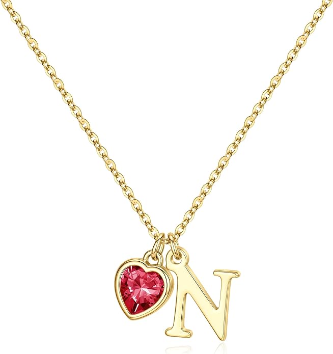 Turandoss Valentines Day Gifts for Her Trendy, Dainty 14K Gold Plated Initial A-Z Heart Birthstone Pendant Necklace Personalized Bridesmaid Birthday Valentines Jewelry Gifts for Women Girls