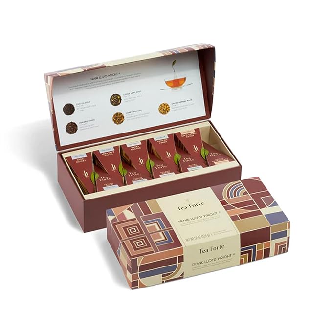 Tea Forte Premium Petite Presentation Box Gift Set Sampler, 10 Count, 2 of Each Blend Individually Wrapped Handcrafted Pyramid Infuser Bags, Frank Lloyd Wright Tea