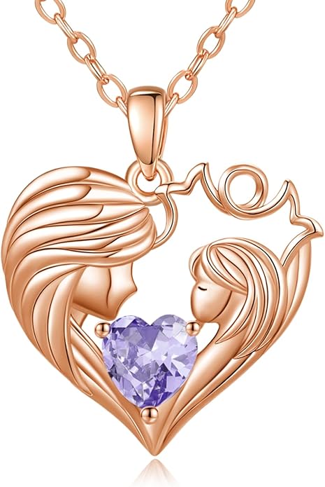 Mother and Daughter/Son Love Heart Necklace White Gold/14K Gold/Rose Gold Birthstone Jewelry Christmas Mothers Day Birthday Gifts For Mom Wife Grandma Women