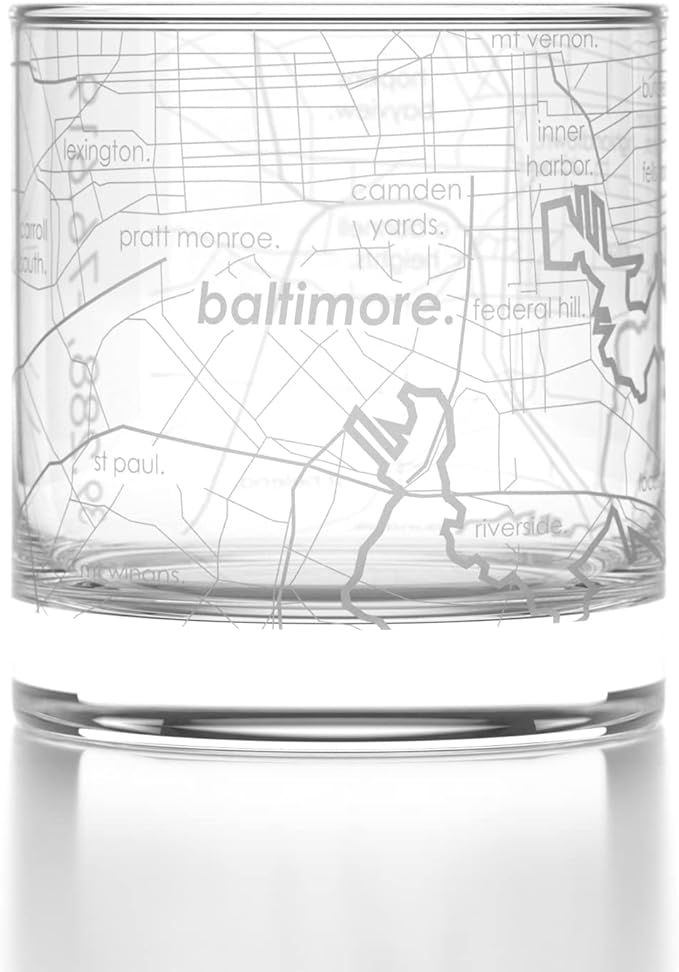 Well Told Engraved Baltimore Maryland Map Rocks Glass, Old Fashioned Whiskey Glass (11 oz, Clear) Etched Whiskey Glass, Gifts For Whiskey Lovers