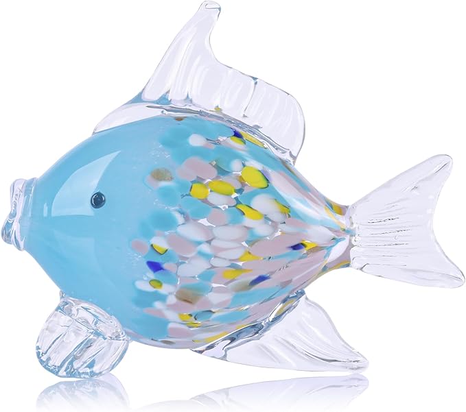 LCCCK Large Hand Blown Glass Fish Figurines, Aquarium Sea Glass Art, Fish Statue Sculpture Modern Coastal Accent - for Beach Knick Knacks, Coffee Tables, Nautical Offices Centerpiece (Colorful Blue)