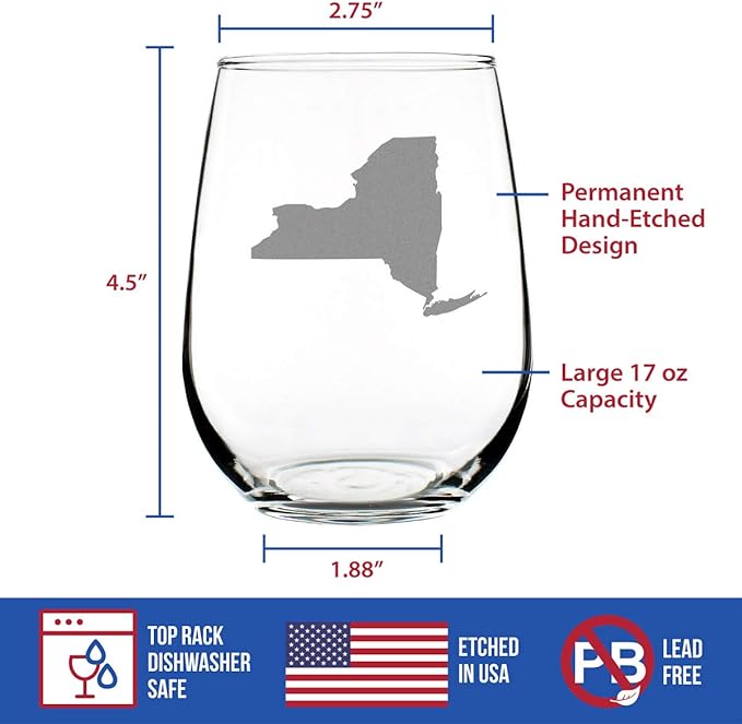 Bevvee New York State Outline Stemless Wine Glass - State Themed Drinking Decor and Gifts for New Yorker Women & Men - Large 17 Oz Glasses